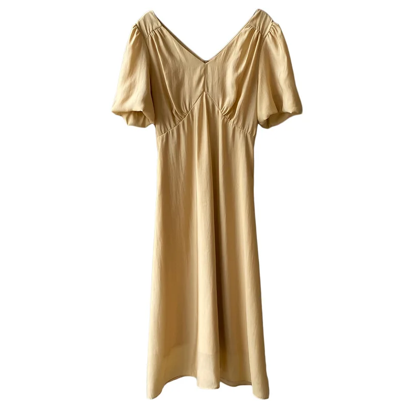 

Yeeloca Retro V-neck Dress Women's 2021 Summer New V-neck Mid-length Vestidos French Pleated High Waist Bubble Sleeve Dress