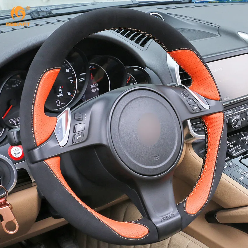 MEWANT оранжевая кожаная черная замшевая Автомобильная оплетка на руль для Porsche Cayenne