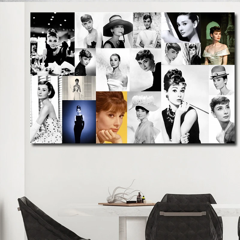 Настенная картина черного и белого цвета Одри Хепберн милые Мультяшные животные