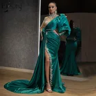 Шикарный Арабский Вечерние платья 2020 с высоким воротом из бисера Стразы сбоку Разделение зеленый сексуальное платье на выпускной, одежда с длинным рукавом официальная Вечеринка платье