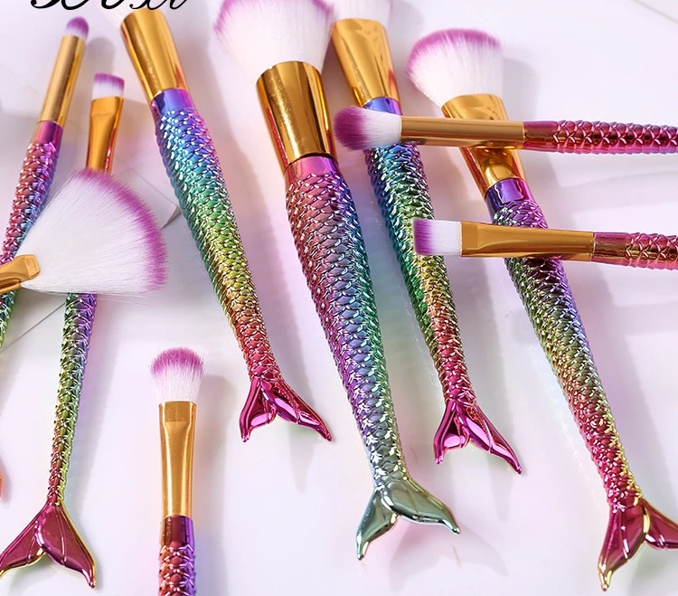 

10 mermaid makeup brushes set, colorful fish scales eye brush, lucky fish makeup tool