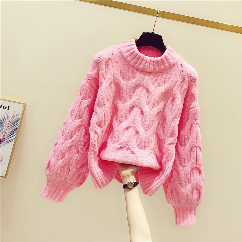 Женский вязаный свитер плотный Теплый розовый с круглым вырезом повседневный