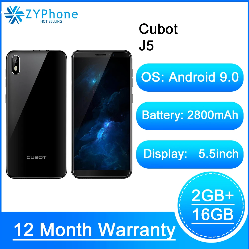 Смартфон Cubot J5 2+16 Гб экран 5.5&quot процессор MT6580 Android 9.0 две SIM карты аккумулятор 2800