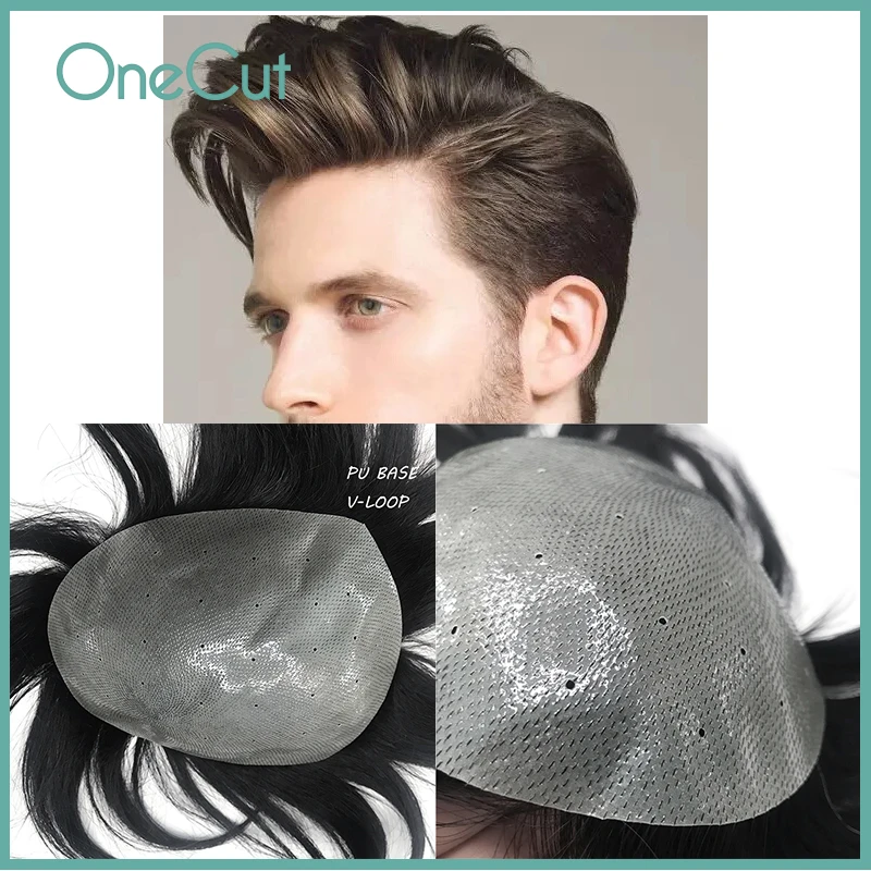 Men Toupee PU Base V-loop Wig Hairpiece Capillary Fleeciness Realistic Natural Black Simulate Human Hair Replacement System Unit