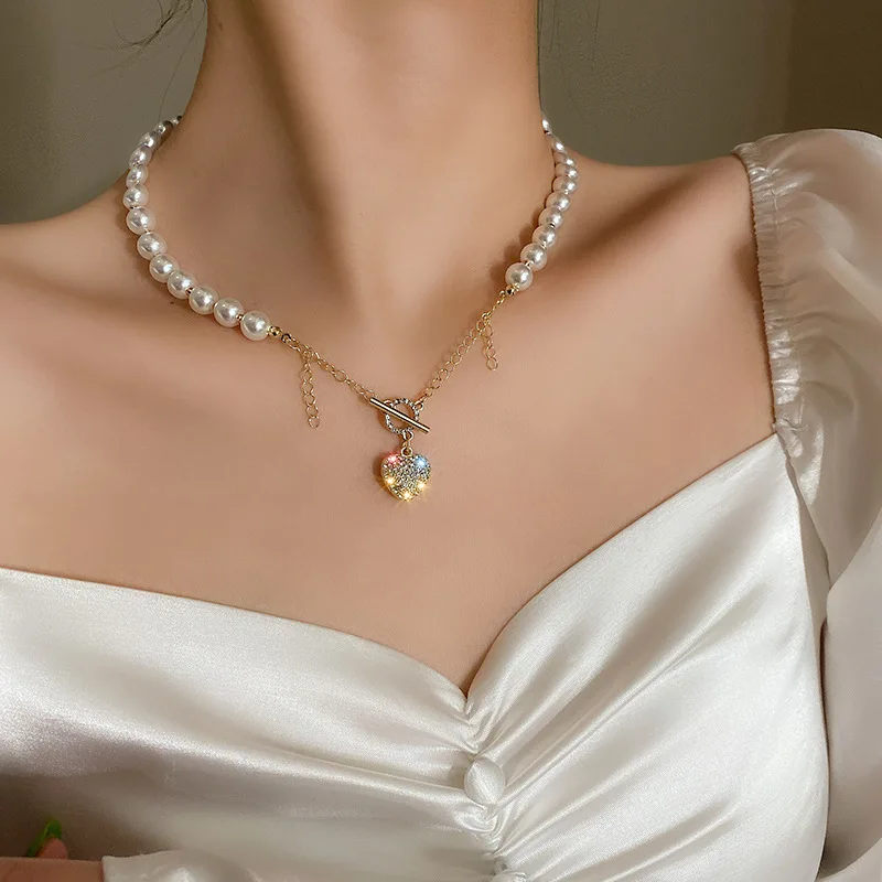 

New simple fashion diamond love pearl OT buckle necklace female temperament retro wild clavicle chain