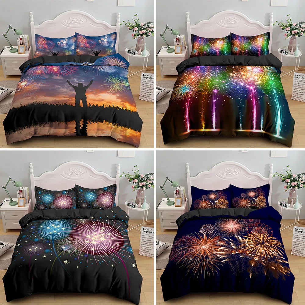 

Colorful Fireworks New Year Home Textiles Black Bedding Set Twin Queen King Size Kids Bedclothes With Pillowcase Quilt Cover Set