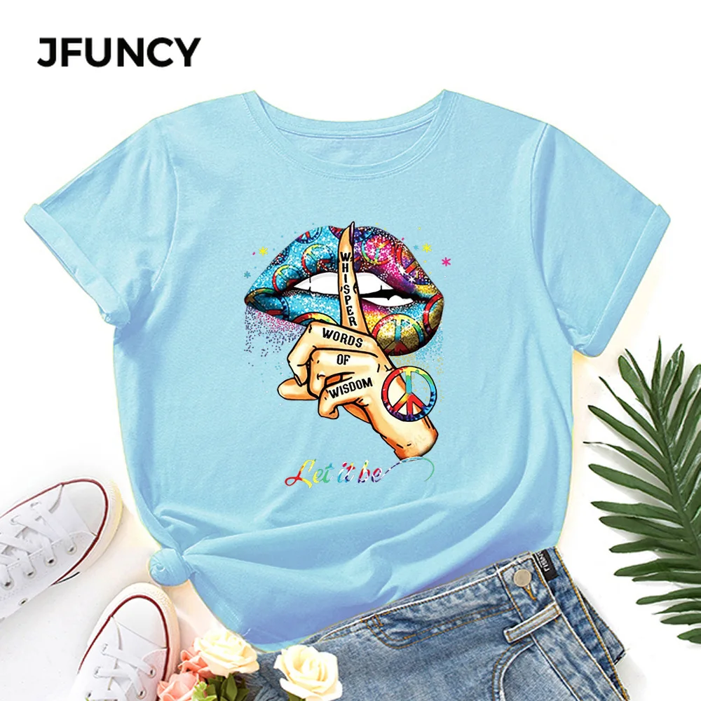 JFUNCY  Women's T Shirt 100% Cotton Short Sleeve T-shirt Creative Graphic Print Tees Female Tshirt Woman Tops