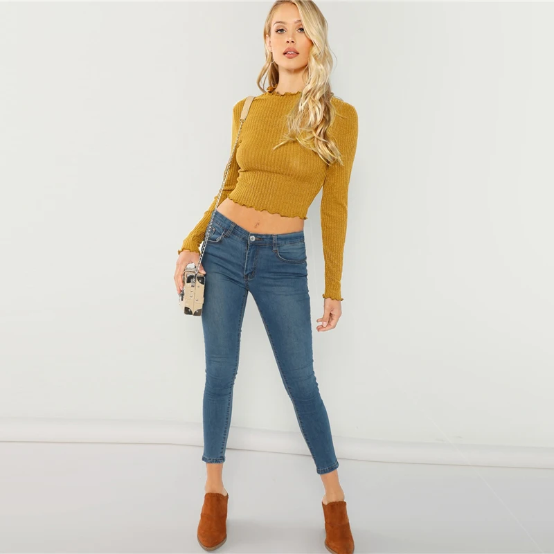 Dotfashion, бордовые, с салатовой отделкой, одноцветные, с длинным рукавом, кроп-топы для женщин, осень, футболка, женская одежда, повседневная, облегающая футболка