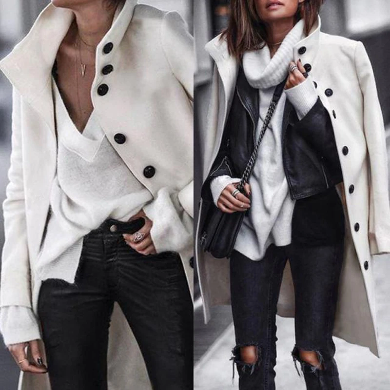 

Women Outwear Woollen Coat Turn-Down Hot And Casual Long Sleeve Black Overcoat Collar Fashion Long Clothing Winter Warm Jacket