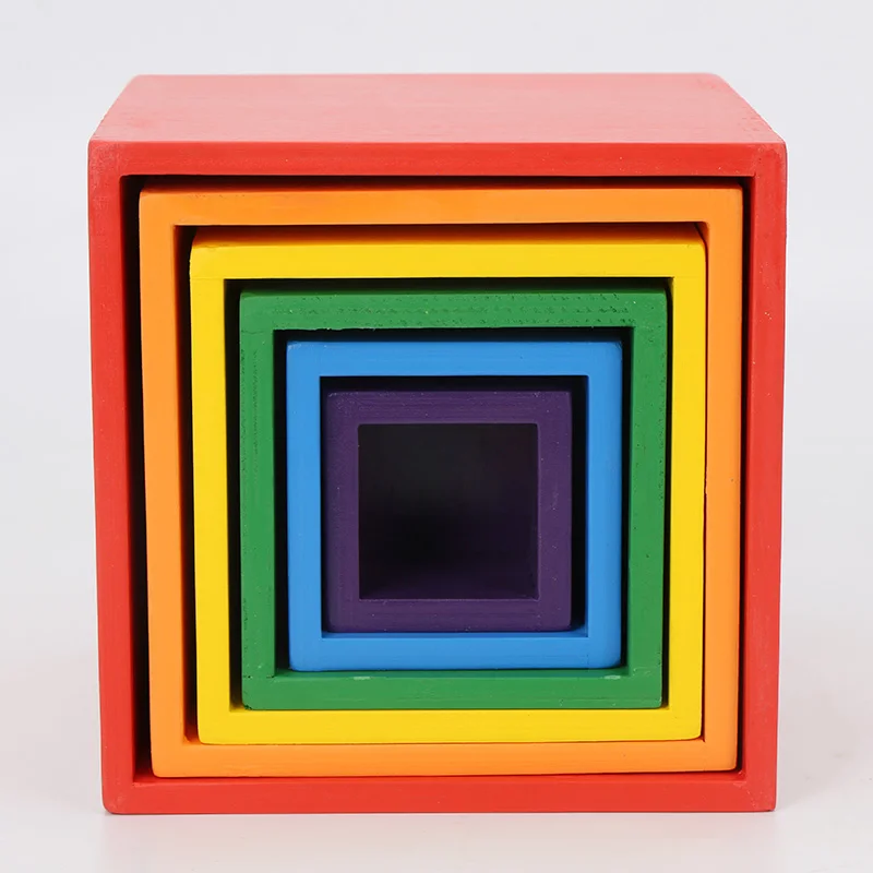 

Wooden Rainbow Square Stacker Toys 6Pcs Nesting Stacking Game Educational Learning Toy Puzzle Creative Colorful Building Blocks