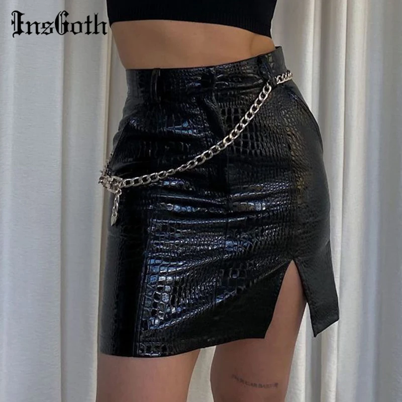 

InsGoth Punk Black PU Leather Skirt Goth Grunge Metal Chain Patchwork Slit Skirts Streetwear High Waist Bodycon Party Clubwear