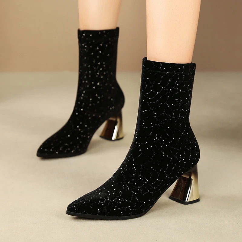 

ISNOM Crystal Flock Stretch Boots Women Ankle Booties Pointed Toe Sock Shoes Female High Heels Shoes Ladies Party Shoes Winter