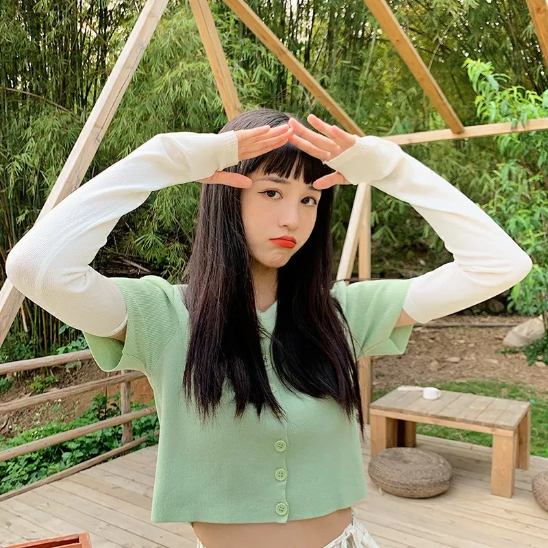 

INS/одежда; Одежда с защитой от солнца вискозное волокно нарукавник в Корейском стиле однотонные Цвет вязаный качества японского Стиль свежи...