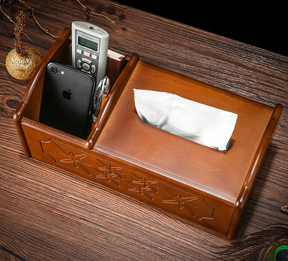 

Solid wood multifunctional tissue box retro living room coffee table desktop tray creative household napkin storage box