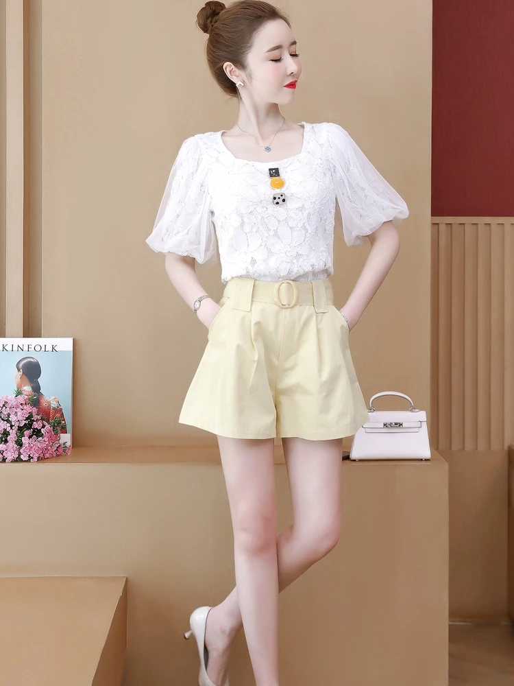 

2020 Summer High quality Female Puff Sleeve Mesh Patchwork Lace Blouse Shirt+pocket sashes Mini Skirt Two Pieces Sweet Sets