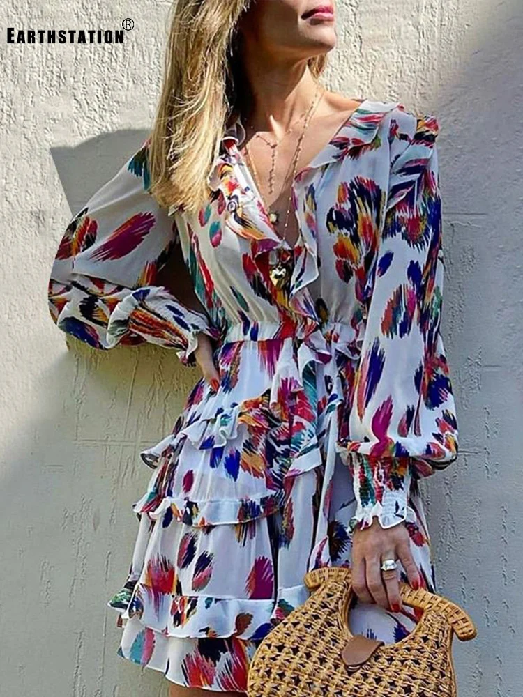 

Retro Geometric Print Sexy V-neck Elastic High Waist Multi-level Ruffle Dress Ladies Autumn New Fashion Loose Puff Skirt