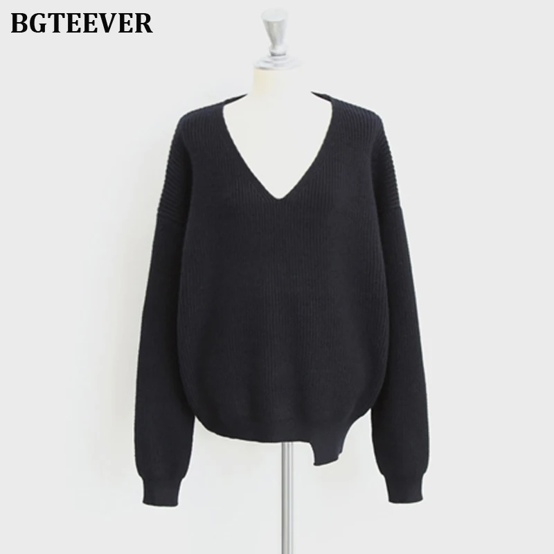 

Casual V-neck Long Sleeve Loose Women Pullover Sweaters Autumn Winter Chic Irregular Hem Female Knitting Jumpers