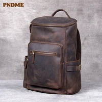 retro personality genuine leather men bucket backpack high quality crazy horse cowhide outdoor travel weekend computer backpack