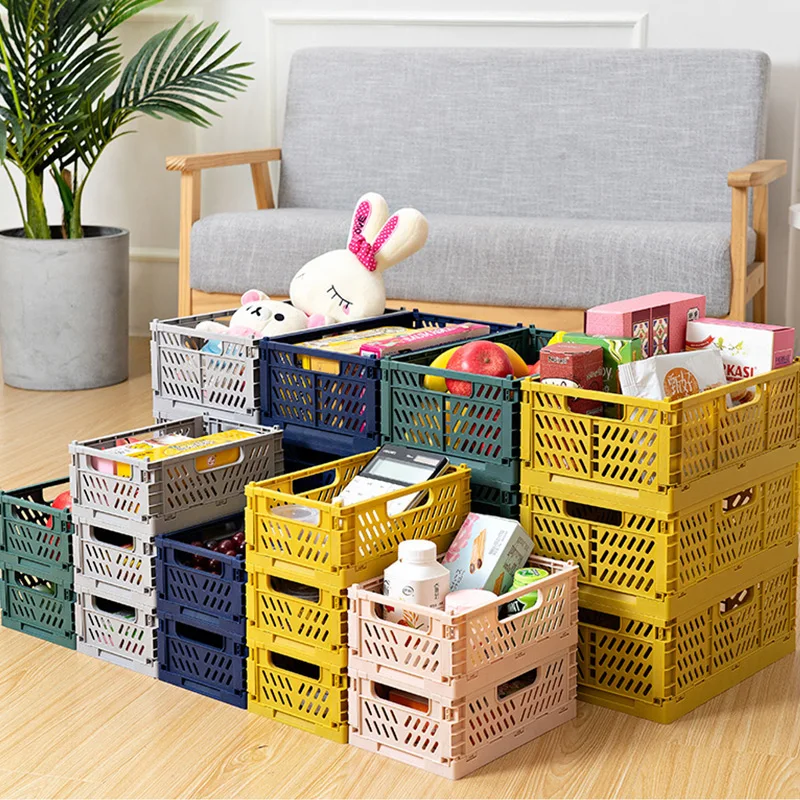 DFU Folding Collapsible Storage Crate Box Stackable Home Kitchen Warehouse Baskets Desktop Cosmetic Sundries Fruit Toys Food Bin