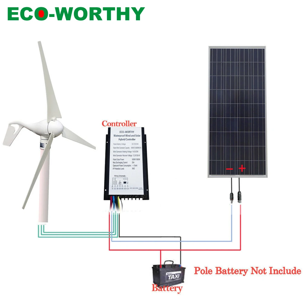 Гибридная ветряная солнечная система ECOWORTHY 500 Вт: генератор ветряных турбин 400 Вт