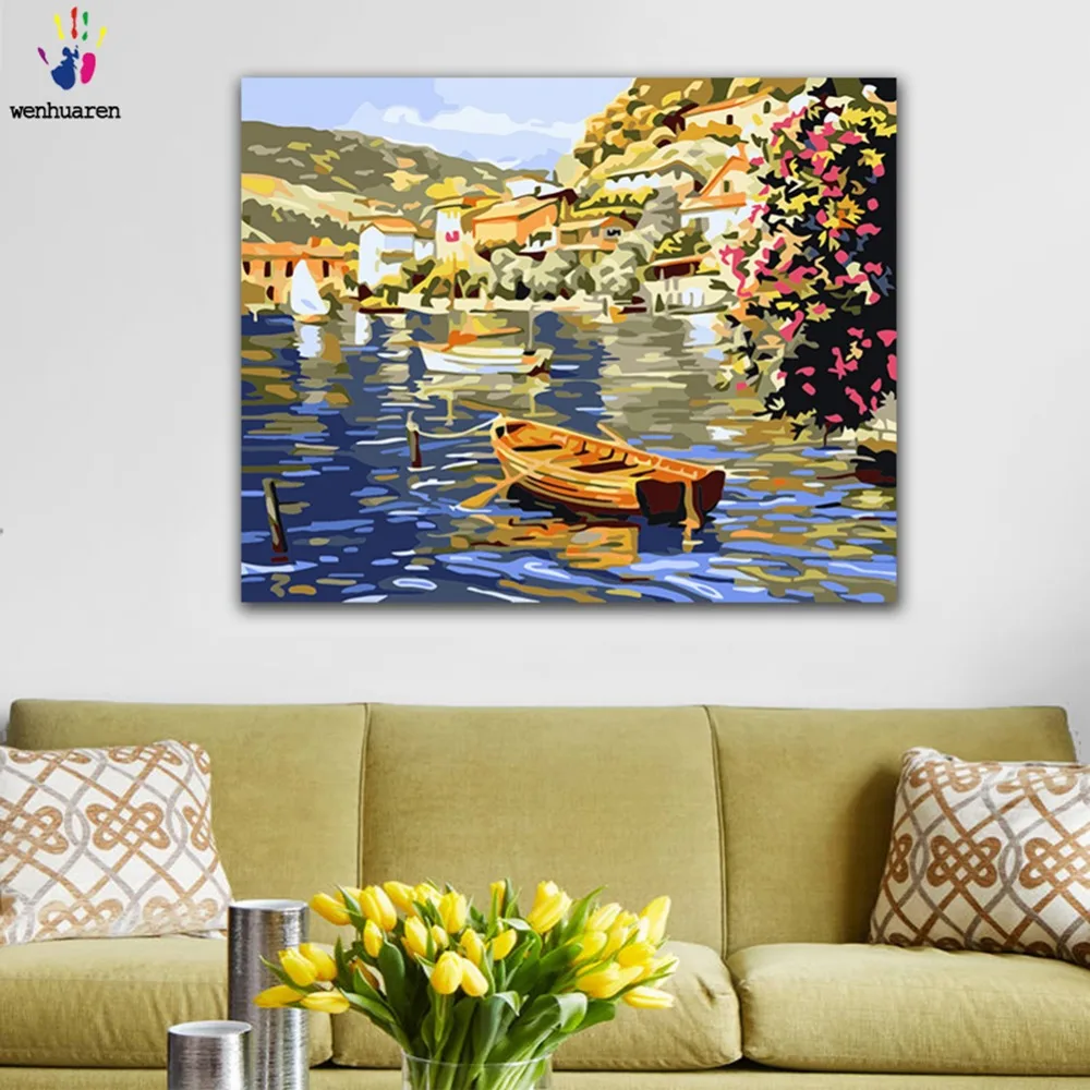 DIY живопись по номерам маленький город Озеро Лодка Пейзаж картина раскраска