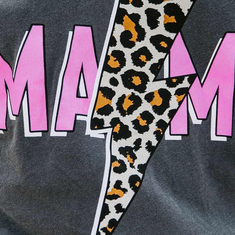 

Women Fashion Letter Mama Leopard Lightning Print Short Sleeve T-shirt Ladies Trend Casual Tee Shirts Cotton O-neck Tops Pink