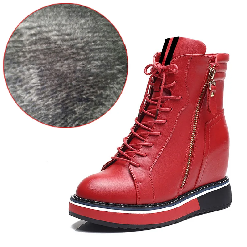 red thin fur DORATASIA/Новые Модные ботильоны из натуральной кожи обувь, увеличивающая рост Женские Повседневные Вечерние ботинки из органической кожи на осень и зиму женская обувь 33-40 - Цвет: red thin fur
