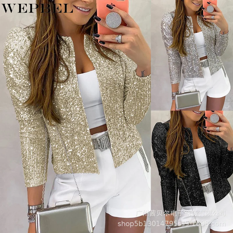 

WEPBEL Coat Women's Fashion Solid Color Sequins Slim Fit Patchwork Coat Spring Autumn Long Sleeve Cardigan O-neck Short Coat