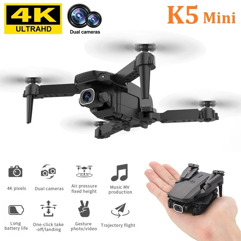 

Мини-Дрон K5 складной с двойной камерой 4k HD, Wi-Fi, FPV
