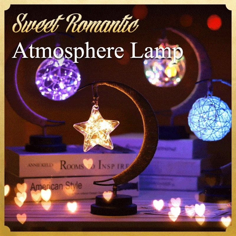 

LED Night Lamp Stars Moon Light Rattan Ball Children Birthday Gift Handmade Hemp Rope USB Wrought Iron Table Light