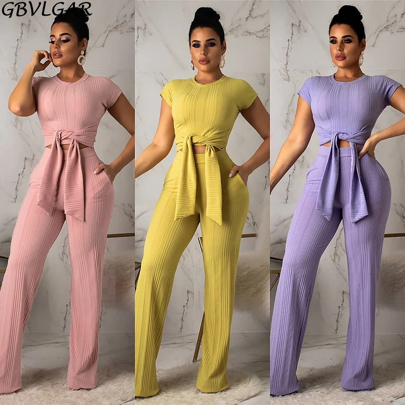 

Spring Women O Neck Short Sleeve Bandage Crop Top + Pocket Wide Leg Pants Kniteed Two Pieces Sets Candy Colors Tracksuit Outfit