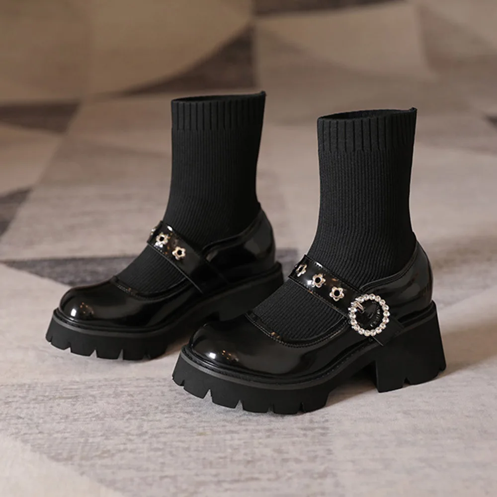 

Женские ботинки на толстой подошве, Черные Водонепроницаемые эластичные короткие ботинки на платформе, Осень-зима 2021