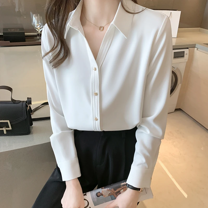 

Korean Women Silk Shirts Satin Blouses Women Long Sleeve Shirts Tops Woman White Shirt Blouse Woman V-neck Shirt Top Plus Size