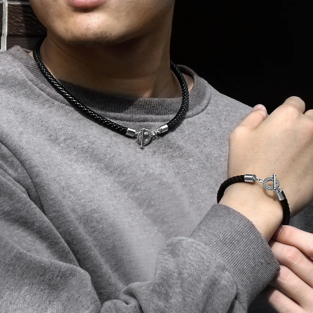 Мужской стильный набор из колье и браслета 6 мм Черная Плетеная кожаная застежка