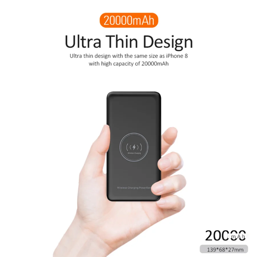 Беспроводное зарядное устройство портативное 20000 мАч внешний аккумулятор Qi с