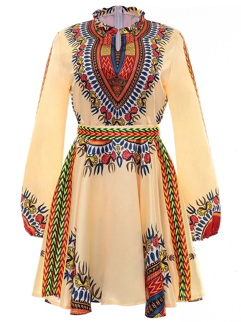 Ivory Yellow Женское платье с принтом Дашики в африканском стиле для взрослых, короткое платье с длинными рукавами и воротником с рюшами, платье с завязками на спине, открытая одежда с разрезом спереди для женщин - Цвет: Ivory Yellow