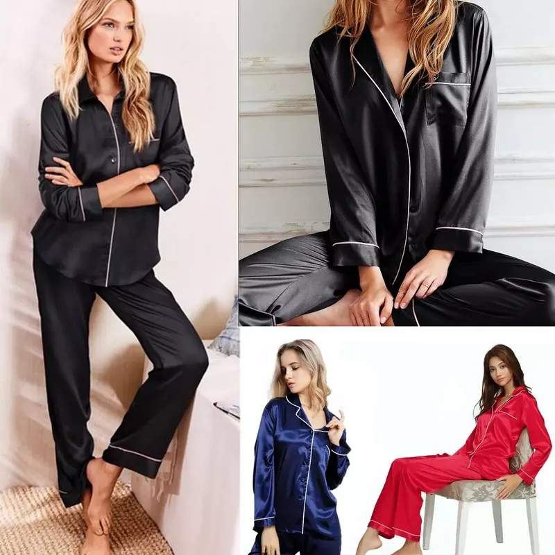 

Women's Silk Satin Pajamas Pyjamas Set Long Sleeve Sleepwear Pajamas Suit Female Solid Colors Homewear S-XL