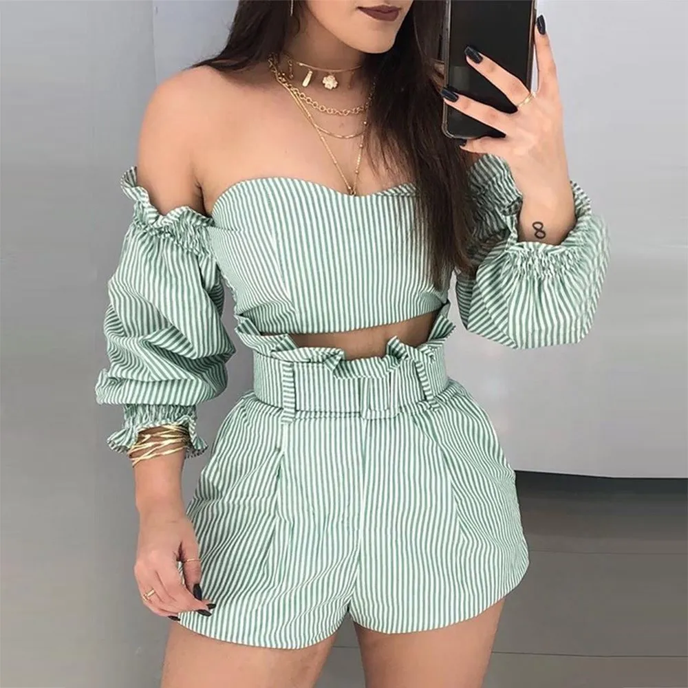 Striped Ruffles Sexy 2 Piece Matching Set Casual Women Clothes Slash Neck Crop Tops And Causal Shorts Plus Size Summer | Женская одежда