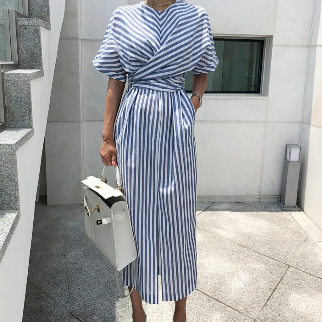 

Summer Blue Striped Short-sleeved Round Neck Belt Waist Ankle Long Skirt Ladies Casual Split Pocket Dress