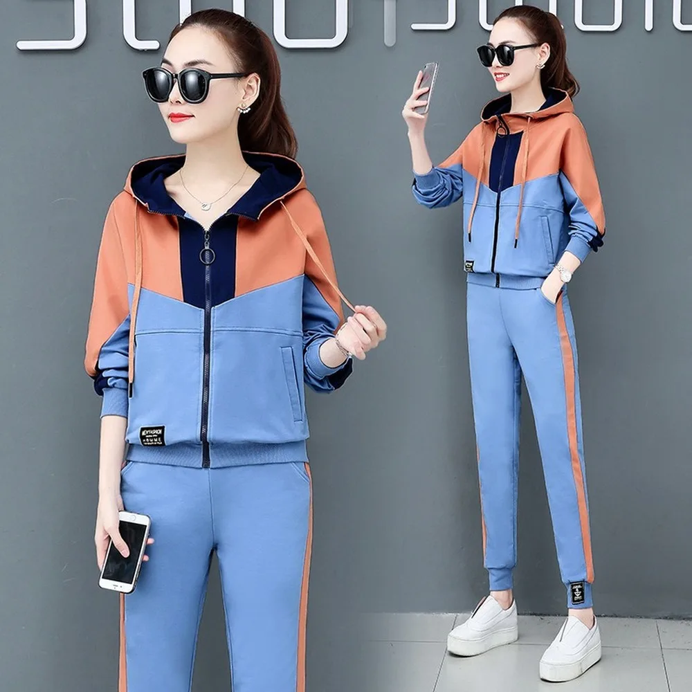 

New Contrast Color Tracksuit for Women 2pcs Pant set Street Wear Casual Zipper Hooded Sweatshirt + Pants Sport Suit 2 Piece Set