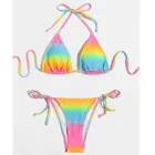 Купальник женский Радужный с принтом тай-дай, бандажный купальник с высоким вырезом и высоким принтом, комплект бикини из двух предметов, купальный костюм с подвеской на шею