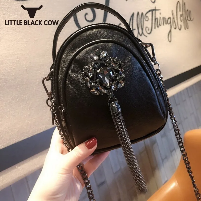 

New Sheepskin Leather Diamonds Shoulder Bag Women Small Shell Rivet Multi Pockets Tassels Chain Crossbody Bags Mini Handbag