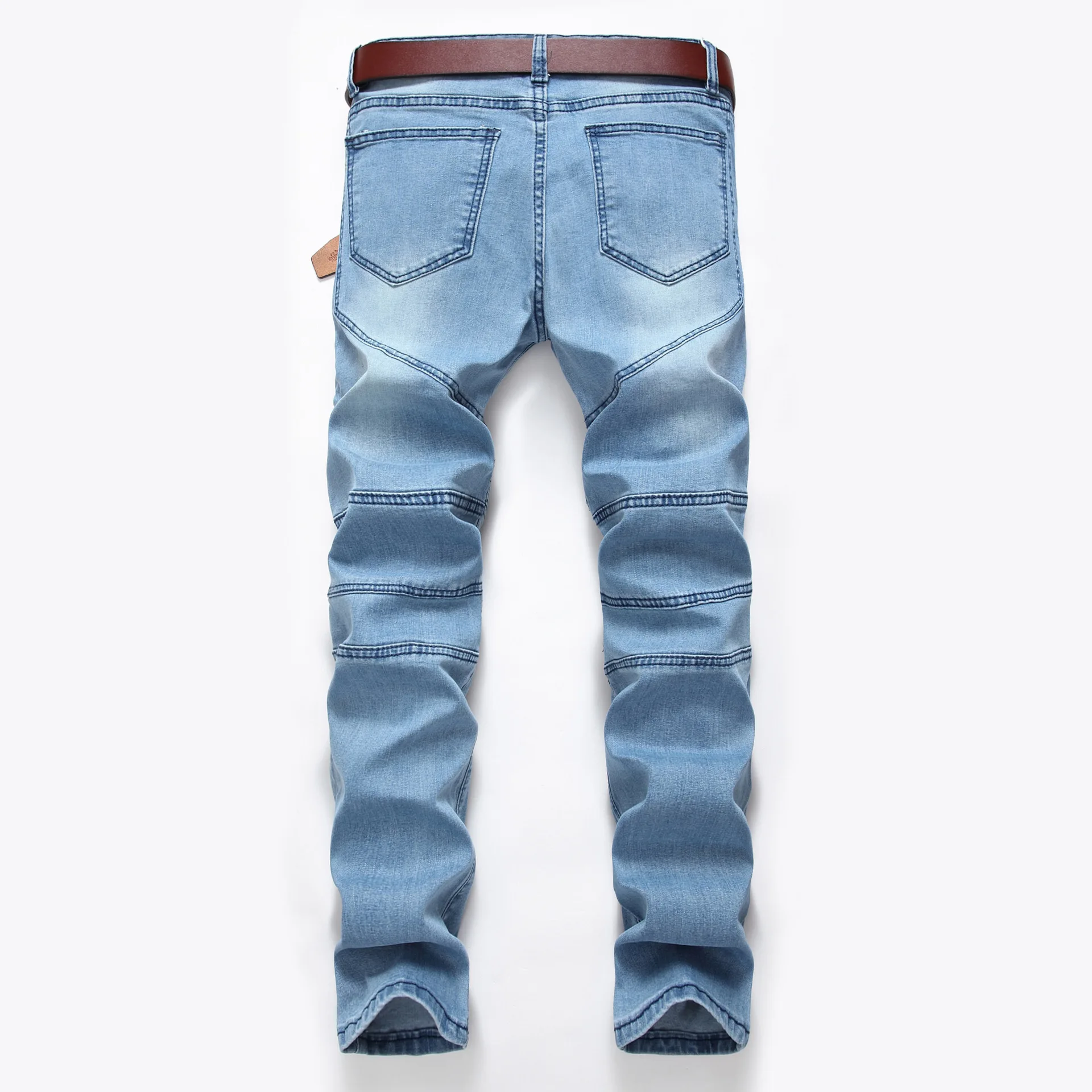 

2020 Men's Pleated Stretch Jeans Youth Motorcycle Stitching Small Straight Slim Stretch Jeans