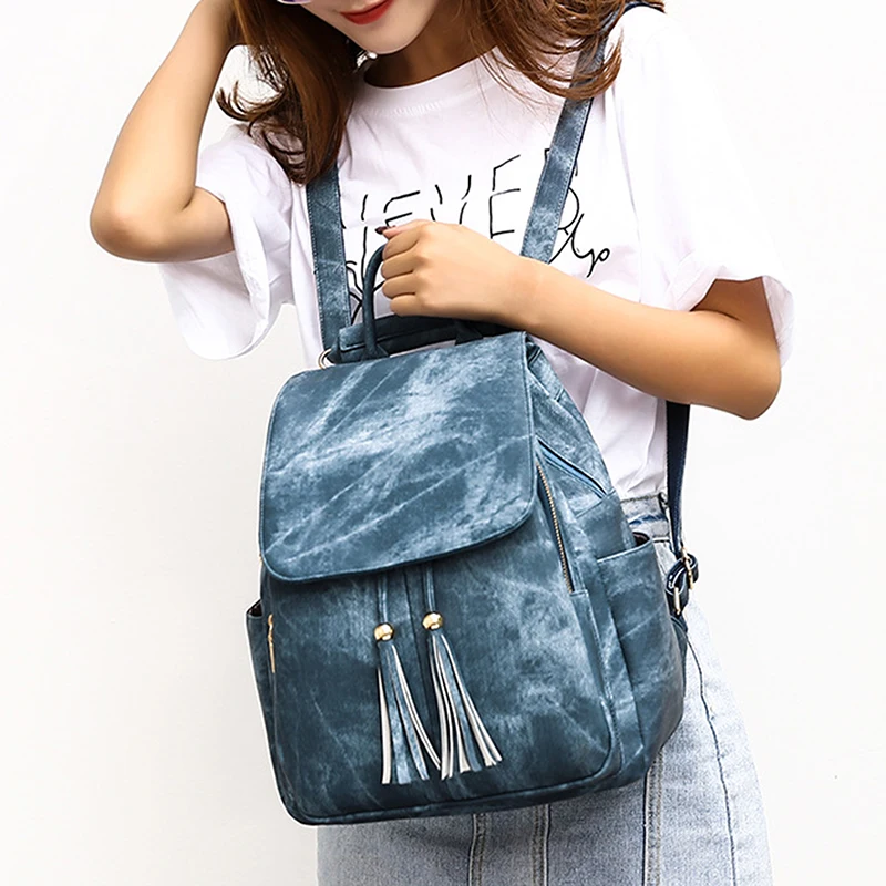 

Luxury Female Backpacks High Quality Leather Tassel Knapsack For Girls Ribbon School Bags Solid Colors Travel Rucksack