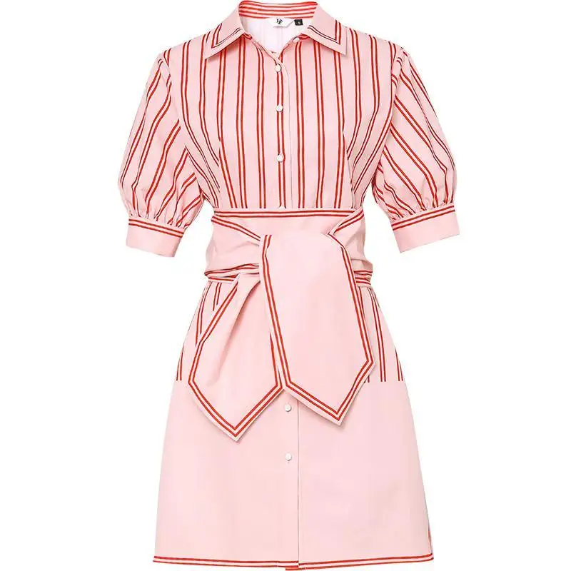 

High-setting shirt striped dress women's 2021 summer new wide waist lace-up square collar long skirt tide