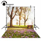 Фон для фотосъемки Allenjoy с изображением весеннего парка природы скамейки с цветами и деревьями детский фон