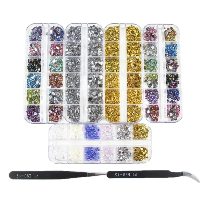 

5 Boxes Nail Rhinestones Kit Nail Rhinestones with 1 Piece 1 Pick up Tweezers GXMC