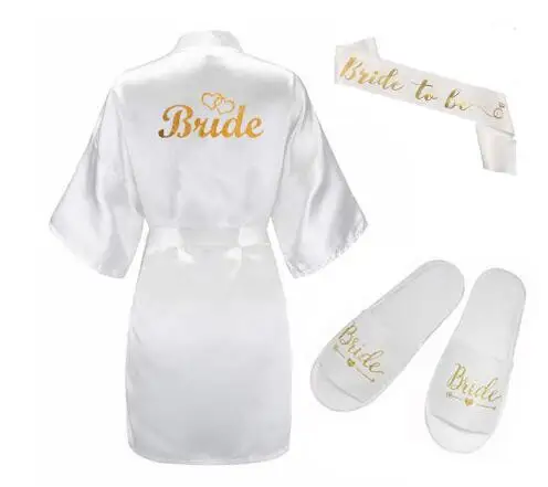 

3pc set of glitter gold bride satin short bride robe slippers bridal sash peignoir women Bridal Party 2019 kimono robe