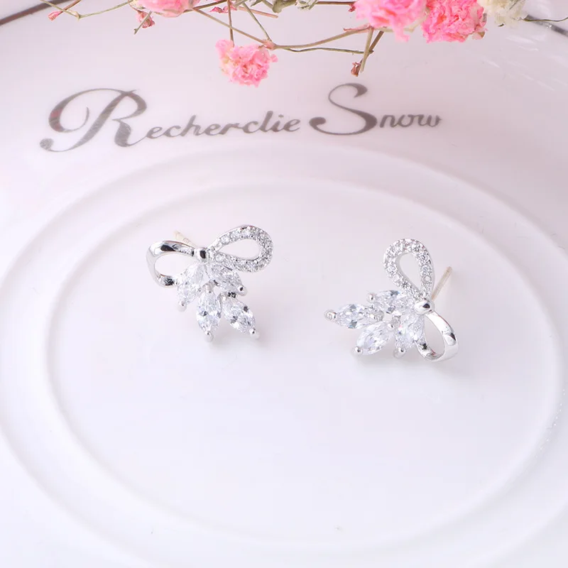 

Utimtree New Korean Earrings Silver 925 Sterling Jewelry CZ Zircon Bowknot Earring pendientes boucles d'oreilles