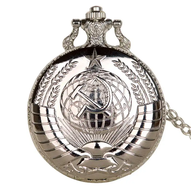 silver Винтажные советские значки, серповидный молоток, карманные часы, ожерелье, бронзовая подвеска, часы на цепочке, модные женские и мужские с подарочной коробкой - Цвет: silver